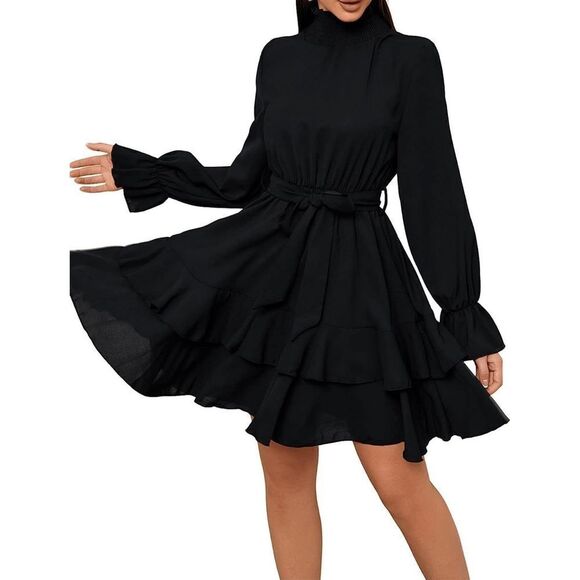 NEW Elegant High Neck Flounce Sleeve High Waist Ruffle L NO BELT - Picture 1 of 5